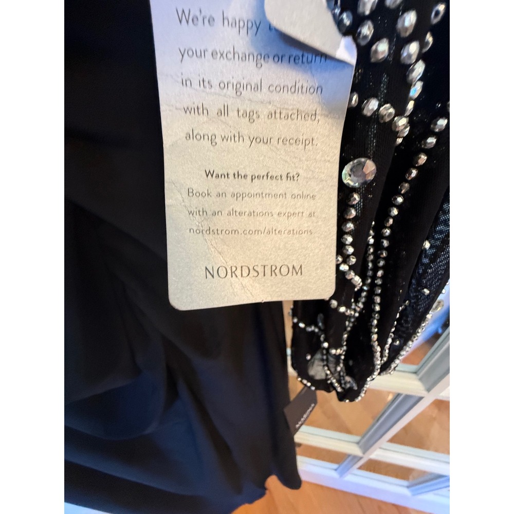 Marina Black Embellished Sheer Sleeve V-Neck Gown Slit Formal Dress Size S - Picture 5 of 10